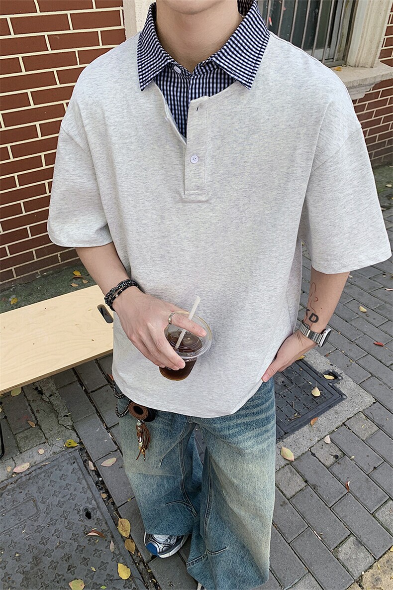 假两件衬衫领X7170-TP3558学院风潮牌格子拼接短袖POLO衫,男装T恤,电商A102