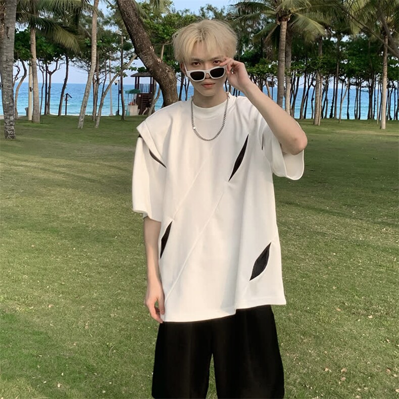 潮流气质慵懒新款无品牌百搭美式网眼透气短袖男夏解构分割日系图片