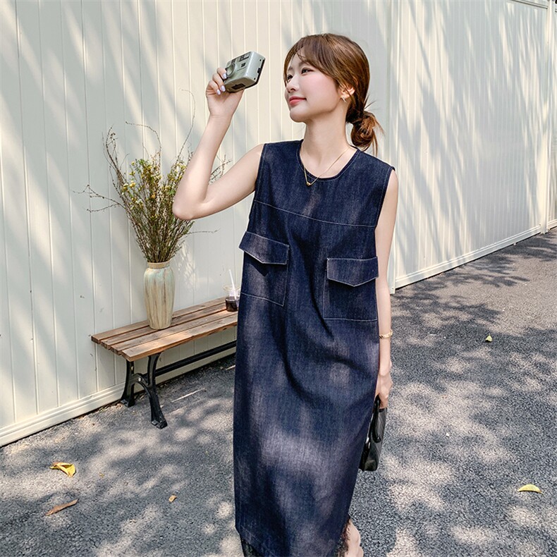 蓝色牛仔蕾丝拼接背心裙女2025夏季新款韩系高级感气质小众连衣裙,女装连衣裙,2D075
