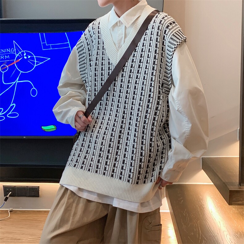 春秋套头毛衣背心男V领潮牌条纹休闲马甲无袖坎肩针织衫M617-P35图片