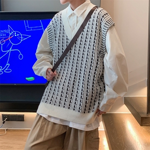 春秋套头毛衣背心男V领潮牌条纹休闲马甲无袖坎肩针织衫M617-P35图片