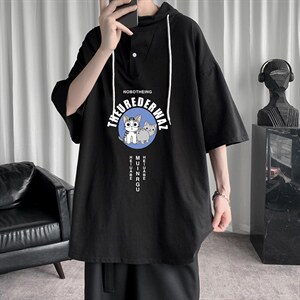 LD54160-P45 连帽短袖t恤男大码胖子带帽五分袖中袖图片