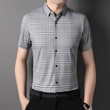 【弹力无痕】短袖衬衫男春夏格子衬衫新款冰丝亲肤无痕条纹衬衣，男装衬衫，电商B212（原钱塘6029）