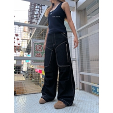 拼接多口袋阔腿牛仔裤男女黑色高腰显瘦帅气休闲宽松拖地工装长裤，男装牛仔裤，四季星座505