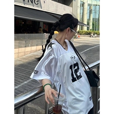 美式复古V领运动球衣男女款夏季宽松短袖情侣款T恤潮流小众上衣服，男装T恤，四季星座505