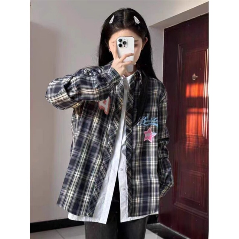 美式复古长袖格子衬衫外套女春秋幂式穿搭设计感小众刺绣防晒衬衣,男装防晒衣,星座506A