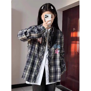 美式复古长袖格子衬衫外套女春秋幂式穿搭设计感小众刺绣防晒衬衣