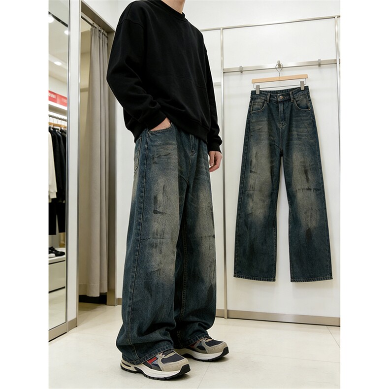 水洗弯刀牛仔裤宽松直筒做旧复古色长裤A156-P45，男装牛仔裤，电商D312