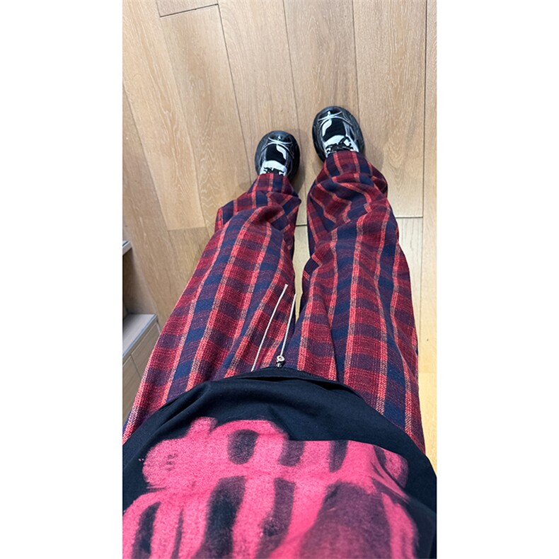 现货自家图美式红色格子毛呢宽松直筒阔腿休闲裤K661-P50控68，男装休闲裤，星座205-5