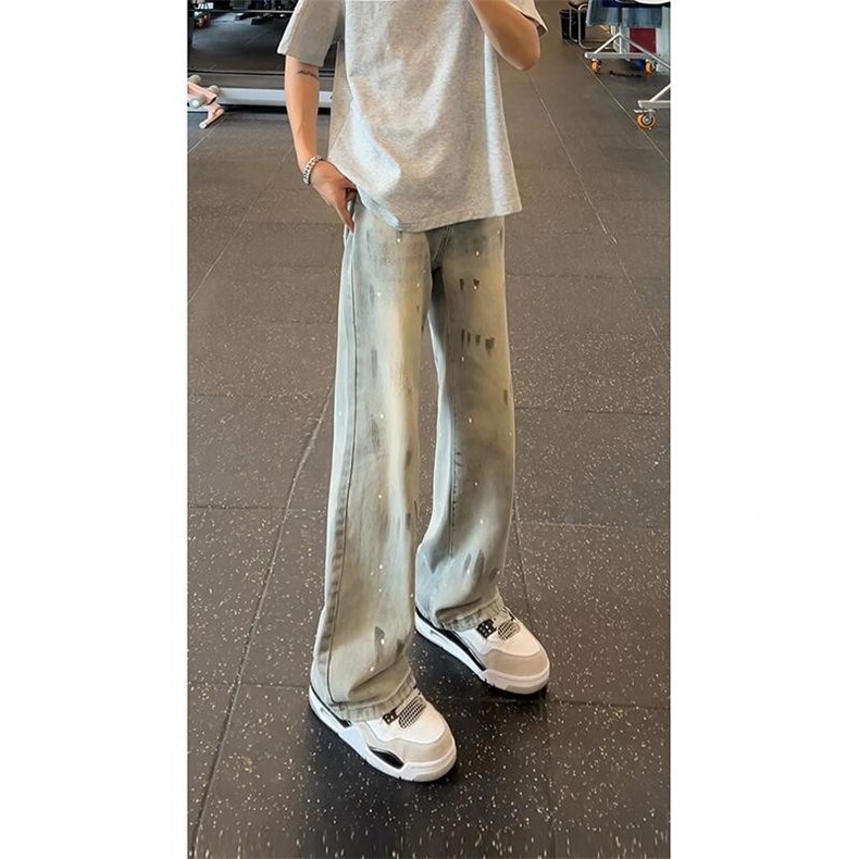 美式高街喷墨牛仔裤男款夏季设计感小众cleanfit裤子宽松直筒长裤,男装牛仔裤,星座410-6（原星座1304-1）