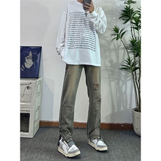 欧美hiphop街头破洞牛仔裤直筒微喇叭修身vibe美式乞丐裤潮牌，男装牛仔裤，星座310A-4