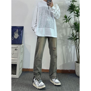 欧美hiphop街头破洞牛仔裤直筒微喇叭修身vibe美式乞丐裤潮牌图片