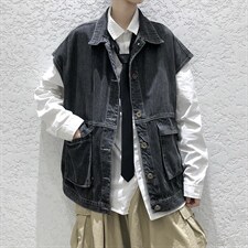 工装马甲牛仔外套港风宽松无袖坎肩背心秋季外套男 A071-301-P55图片