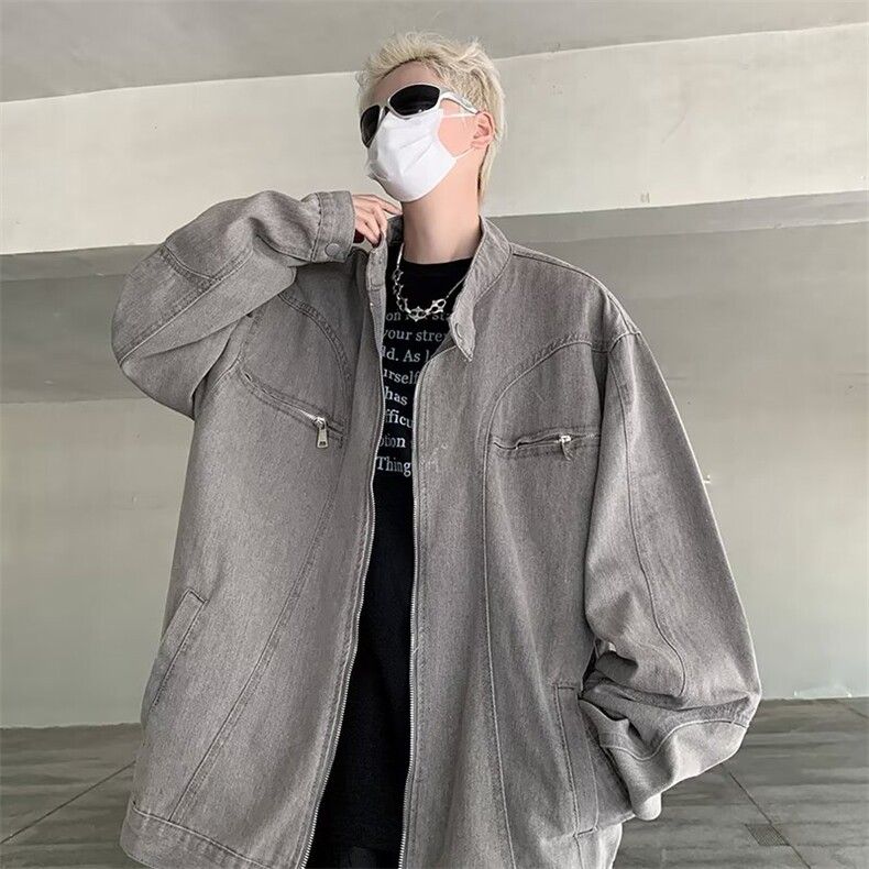 水洗灰色立领牛仔外套男复古潮牌拉链短款外套美式夹克2128-P70，男装工装外套，星座1001-1