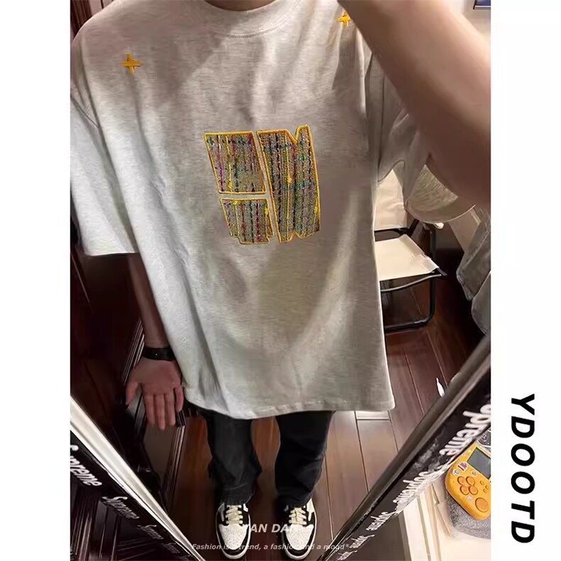 潮牌美式复古宽松短袖t恤男女情侣黑色上衣编织刺绣T5047,男装T恤,星座1116A（原606A-3）