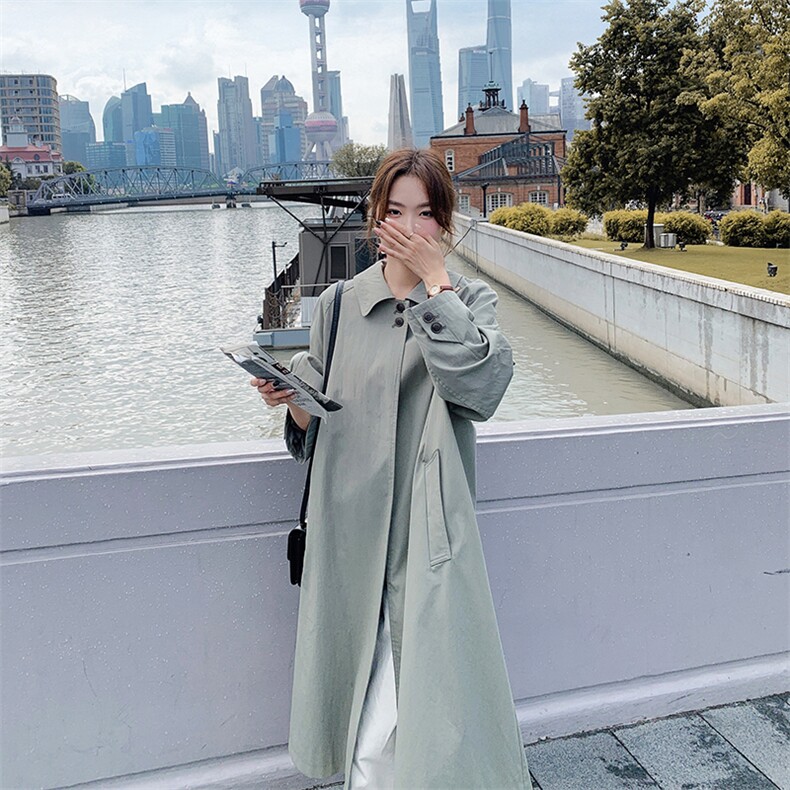 绿色中长款风衣外套女春秋2025新款港风复古减龄大码宽松大衣爆款,女装风衣,浙宝276（原081）