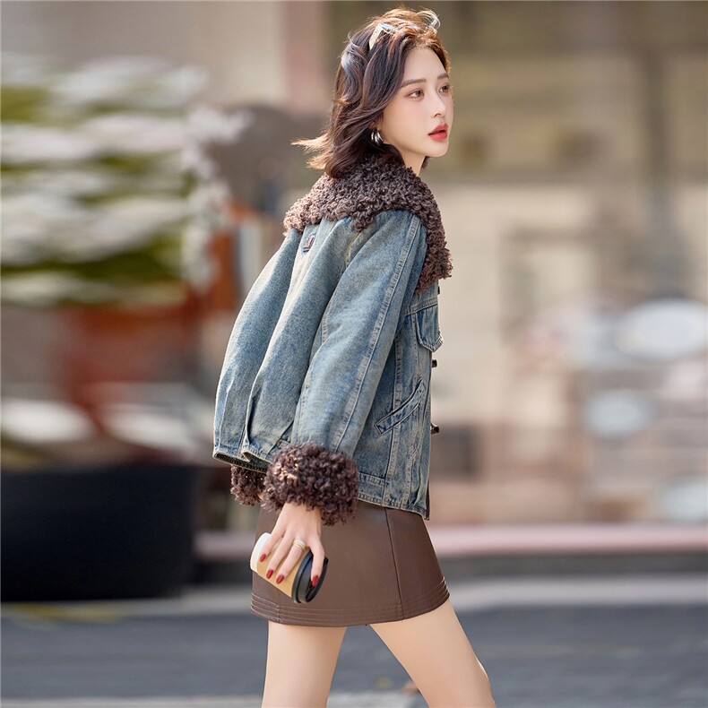 独特超好看羊羔毛拼接牛仔棉衣女2025冬新款夹棉加厚保暖棉服外套,女装短外套,印象茜