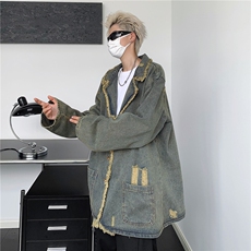 美式复古做旧毛边破洞牛仔西装领外套男女秋潮牌夹克JK8922-P65，男装夹克，星座1001-1