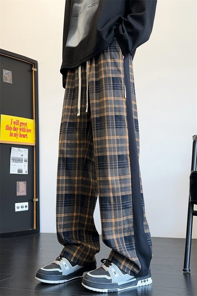 春季新款潮流美式高街垂感设计宽松格子直筒长裤A436-827-P35,男装休闲裤,电商A436