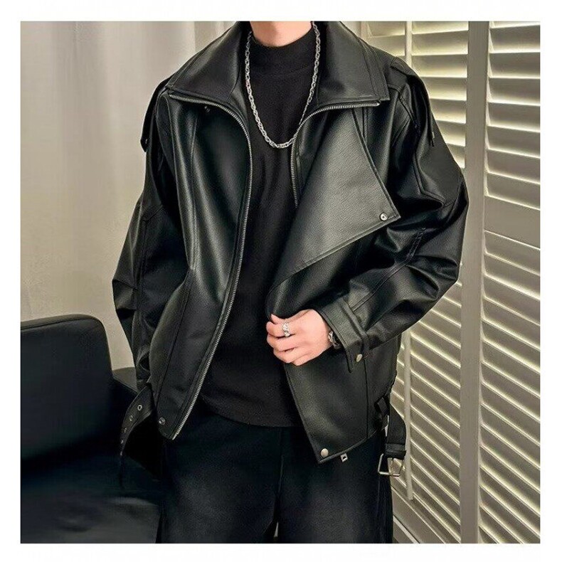 高级感翻领皮衣外套风痞帅街头潮流机车服韩PU皮夹克衫 PA43图片