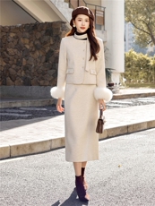 小香风羽绒服套装女冬季2025新款气质富家千金真狐狸毛毛呢套装裙，女装套装/套裙，艾贝斯