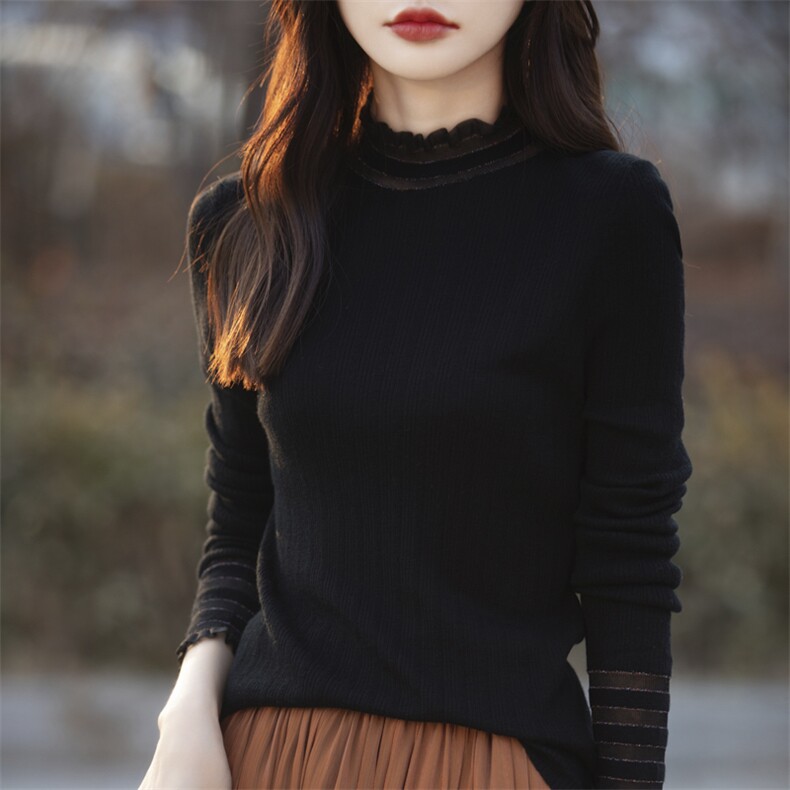 高级感打底衫2025春季蕾丝花边上衣女内搭半高领镂空针织衫羊毛衫图片