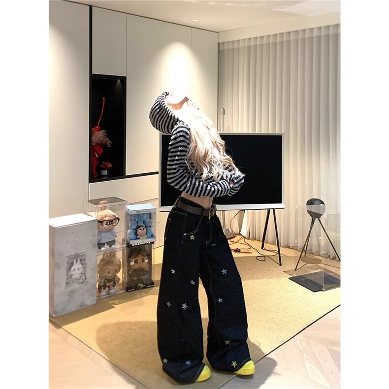 大码胖MM美式黑蓝色牛仔裤女春季新款高腰宽松垂感阔腿裤子,男装牛仔裤,星座506A