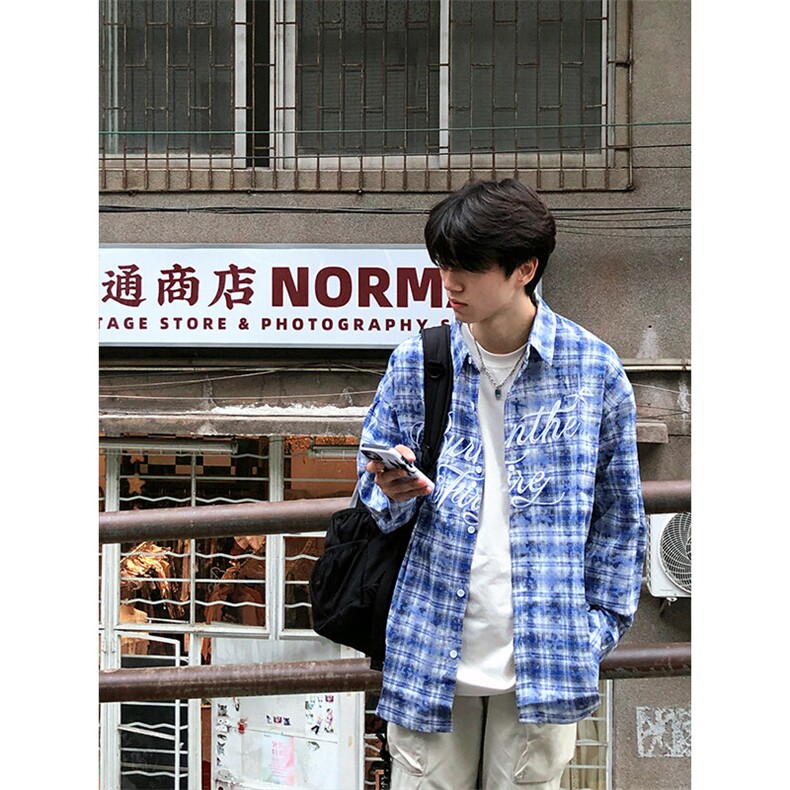 特P50无差价新款秋季潮流格子字母印花长袖衬衫-HS2302港风街头,男装衬衫,电商A003