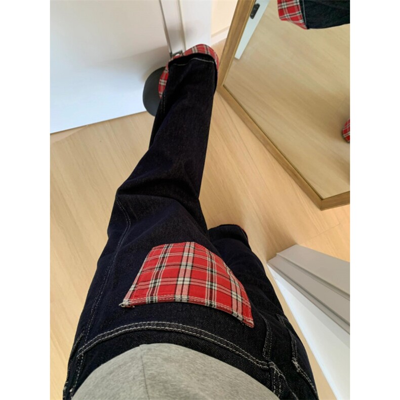 【网图有货】美式格子拼接卷边牛仔裤男女阔腿裤子NZ011CC-特P65图片