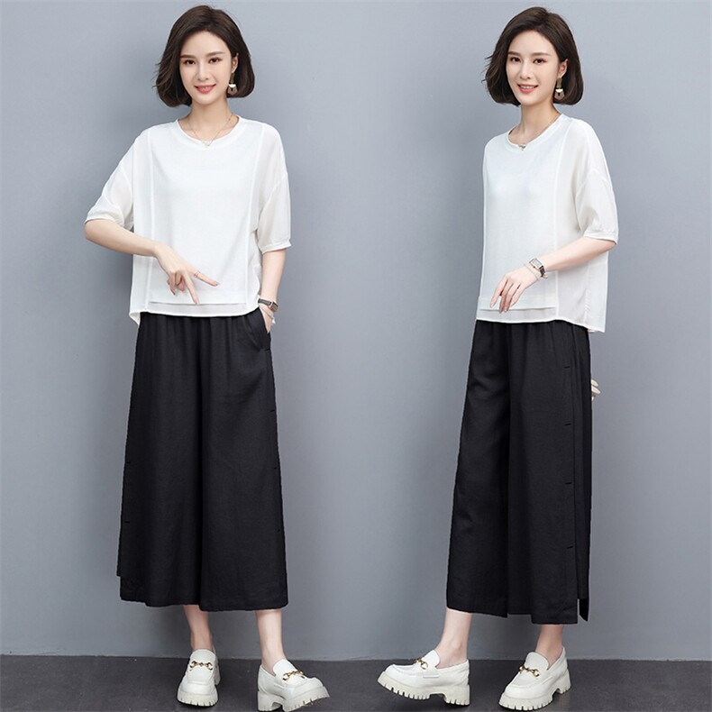 棉麻套装女阔腿裤2025年夏季新款减龄时尚休闲小个子套装裤两件套,女装套装/套裙,阿丹