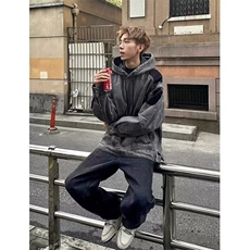 春秋美式街头嘻哈拼接牛仔夹克情侣水洗做旧宽松连帽外套机能风潮，男装夹克，星座506