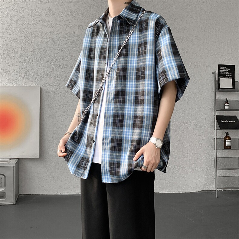 8XL-M格子短袖衬衫男夏季薄款DK制服衬衣JK学院风半袖外套DC28004,男装T恤,电商B312