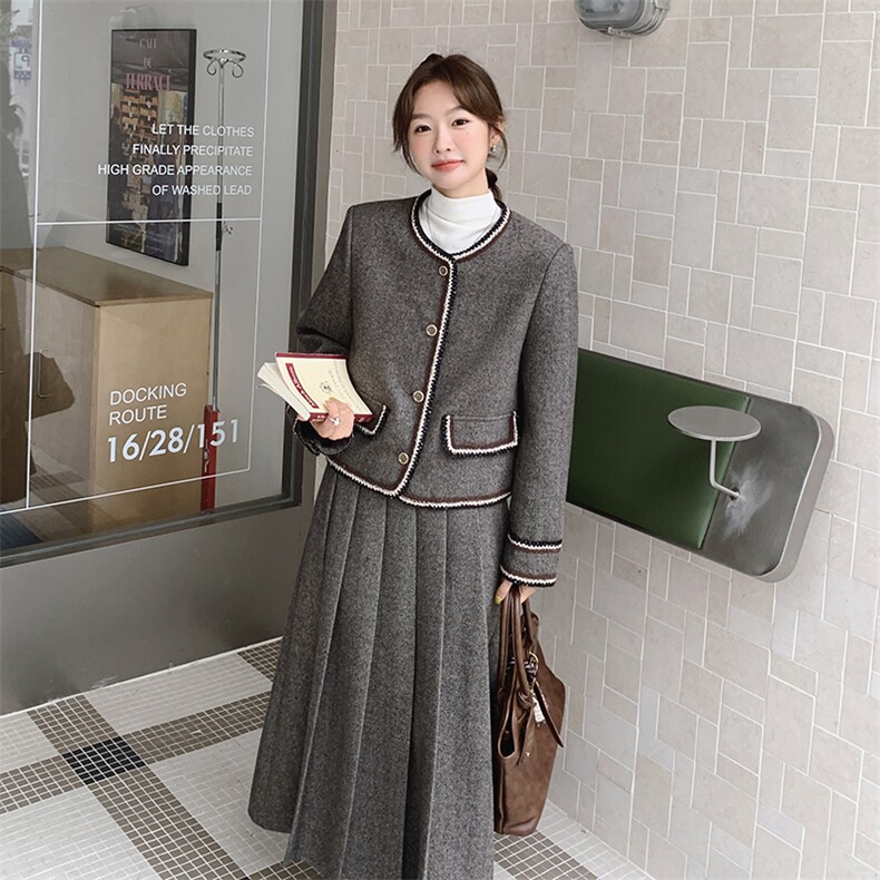 新款高品质毛呢外套百褶裙两件套【上衣内里加棉】,女装套装/套裙,2C269