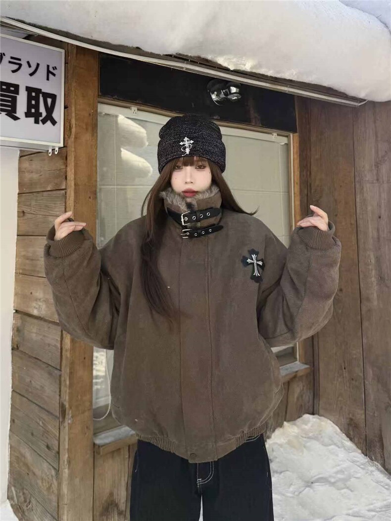 网图美式复古十字架座山雕外套棉服男女冬季加厚保暖毛领夹克,男装夹克,电商C307