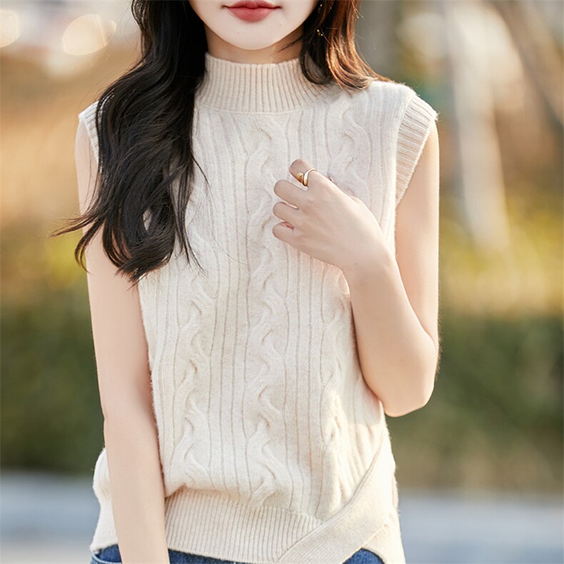 2025春季新款半高领羊毛衫马夹女士宽松显瘦扭花马甲背心坎肩，女装马甲，哲奥羊绒