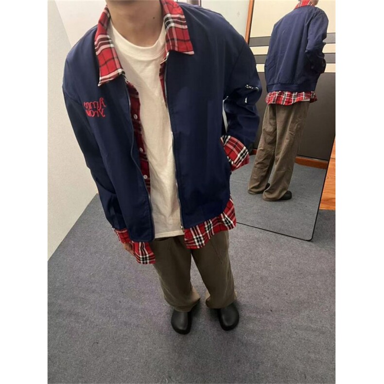 美式复古格子拼接翻领夹克男宽松小众假两件外套常规P59加绒P75,男装夹克,四季星座505