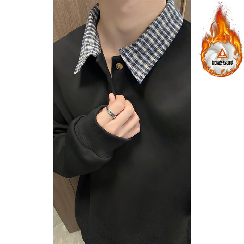 polo领卫衣男宽松学院风长袖假两件加绒外套W4693JR(加绒)-特P42,女装短外套,电商A007