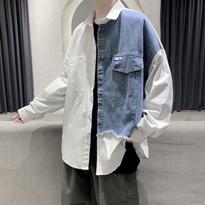 新款衬衫男宽松牛仔拼接纯-棉休闲衬衫百搭上衣CS06