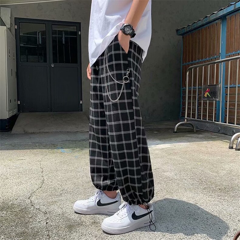 2023夏韩ins潮流带链条男士直筒裤格子休闲裤宽松九分裤K607-P32,男装休闲裤,星座512-2
