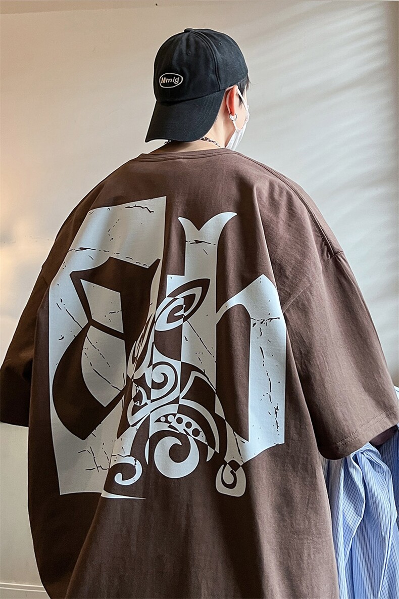 抖音供货、200克现货纯棉印花宽松版型短袖T恤D223A-T23119-P25,男装T恤,电商019-1
