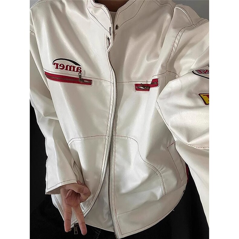 白色短款皮衣外套男春秋款美式高街机车服潮牌高级感立领刺绣夹克，男装皮衣，星座601-1