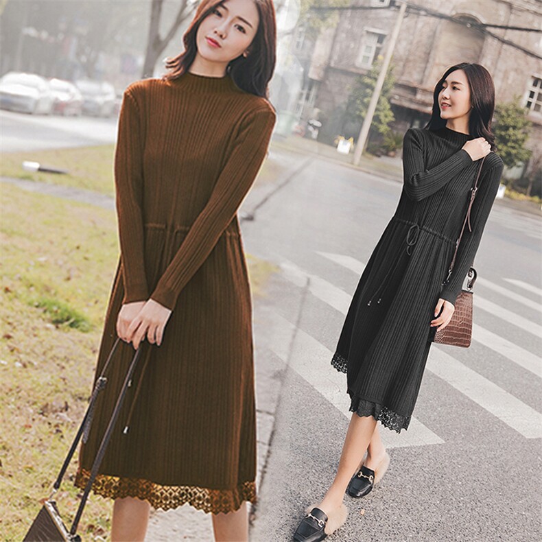 长袖中长款2021年春季套头松紧腰圆领针织连衣裙韩版百搭宽松,女装连衣裙,奕阳依阁