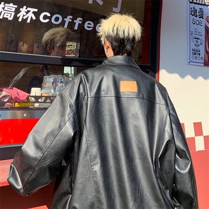 2025秋冬装新款宽松贴标PU皮衣夹克机车男外套 PY666/特P65 黑色2图片