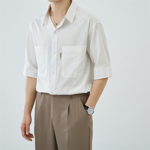 轻熟风全棉包扣休闲纯色短袖衬衫男透气衬衣A236-0839-P58图片