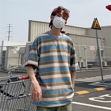 夏季潮牌短袖男日系情侣条纹T恤港风ins潮流复古体恤上衣2024，男装T恤，星座1013