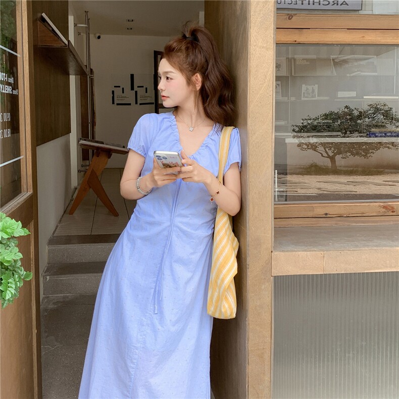 法式复古气质蓝色连衣裙女夏2025新款今年流行爆款长裙巨好看绝美,女装连衣裙,2C105