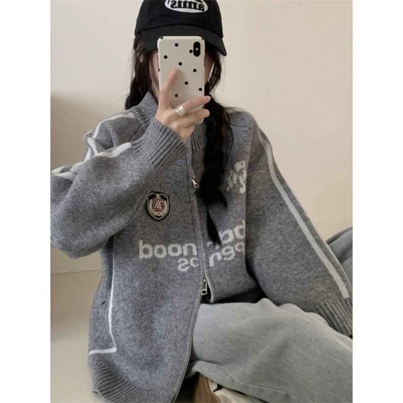 棒球服翻领拉链毛衣开衫女外套秋装新款韩版宽松针织衫M303,男装针织衫/毛衣,星座1116A（原606A-3）