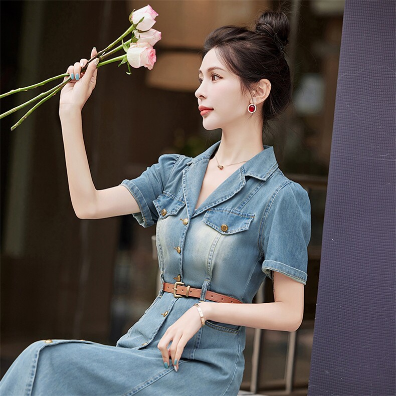 （新款现货）2026年夏季牛仔连衣裙女修身气质长裙休闲复古过膝潮,女装连衣裙,印象茜