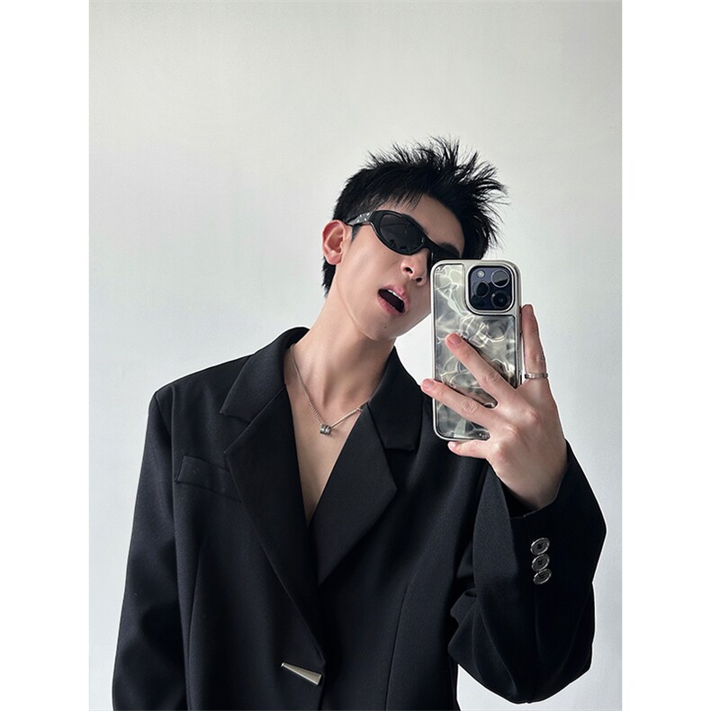 廓形痞帅黑色西装外套男高级感金属扣垫肩休闲西服XZ24P118，男装西服套装，星座512-1（原513-3）