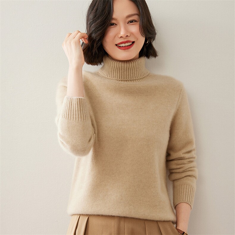 冬季新款山羊绒衫女士高领加厚打底毛衣冬季保暖宽松套头针织衫,女装羊绒衫,德尔信羊绒